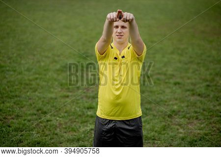 Referee Goes Watching Var Or Violation Of The Rules. Concept Of Sport, Rules Violation, Offside.