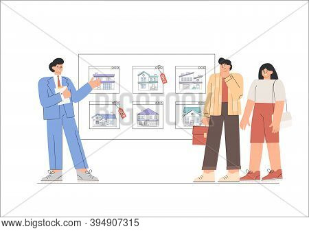 The Realtor Shows The Client A Real Estate Catalog On The Screen. Flat Style Vector Illustration.