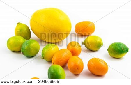Photo With Citrus Lemon Kumquat And Limequat On White Isolated Background