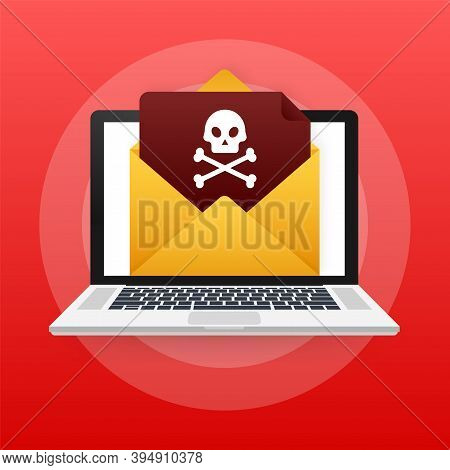 Red Email Virus. Computer Screen. Virus, Piracy, Hacking And Security, Protection. Vector Stock Illu