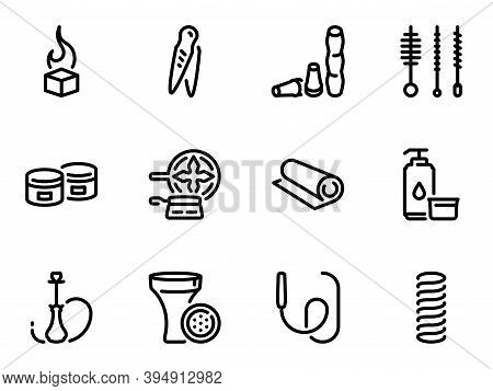 Set Of Black Vector Icons, Isolated Against White Background. Illustration On A Theme Hookah Smoking