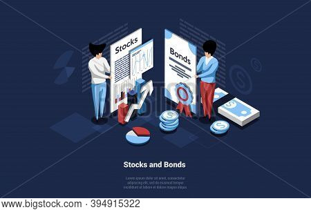 Business Concept Illustration Of Stocks And Bonds On Dark Background. Vector Composition In Cartoon 