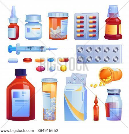 Medical Drugs, Pills And Capsules Set Isolated Cartoon Icons. Vector Various Meds, Glass Bottles Wit