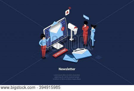 Isometric Newsletter Conceptual Vector Illustration In Isometric Style. Businessmen Planning News Ma