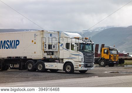 Iceland - July 7, 2014: Scania R560 And 93 / 113 Swedish Trucks Parked In Iceland