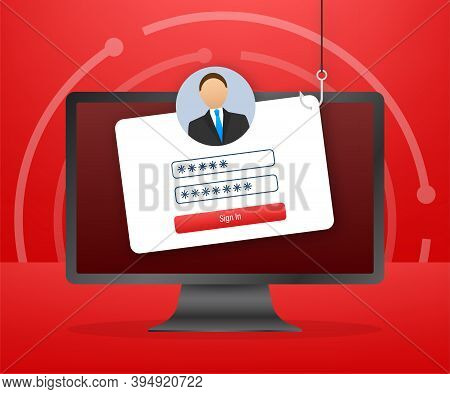 Data Phishing With Fishing Hook, Laptop, Internet Security. Vector Stock Illustration.