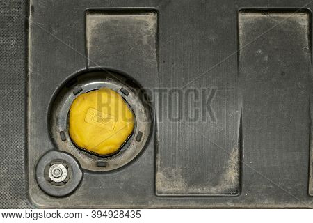 Car Crankcase Cover Engine And Yellow Oil Cap,high Angle View