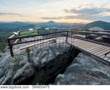 Tourist View Platform On Vilemina Rock. Popular View Point Above Forest Landscape Of Bohemia Switzer