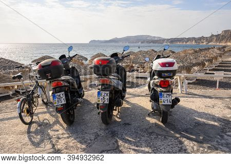 Santorini, Greece - September 16, 2020: Motorcycles Parked At The Vlychada Beach. Santorini Island, 