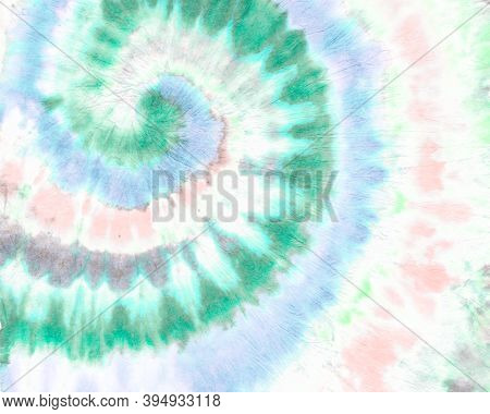 Tye Dye Circle. Blue Hippie Spiral. Watercolor Roll. Teal Vintage Pattern. Grunge Wallpaper In 60s S