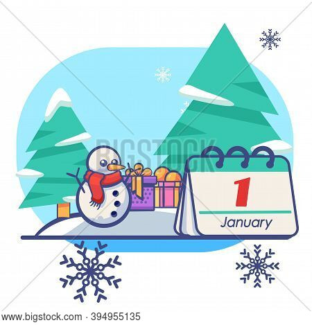 Snowman With Gifts On White Isolated Backdrop. Christmas Holiday Postcard For Invitation Or Gift Car