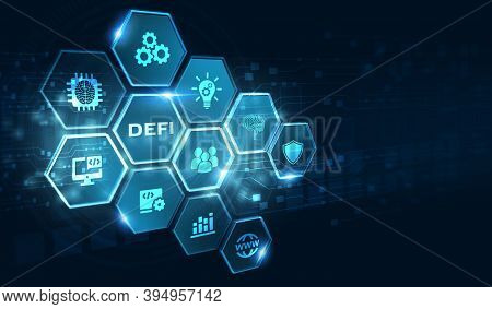 Defi -decentralized Finance On Dark Blue Abstract Polygonal Background. Concept Of Blockchain, Decen