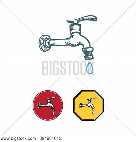 Hand Drawn Faucet With One Droplet Water Sign Illustration Design