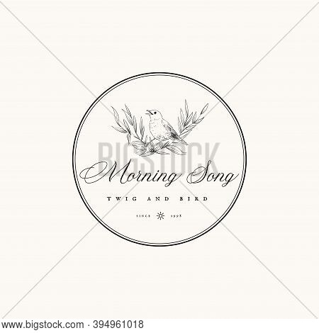 Beauty Bird Singing While Perch On Floral Leaf Round Label Design Vector Illustration
