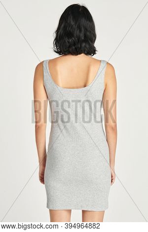 Gray fitted dress mockup rear view