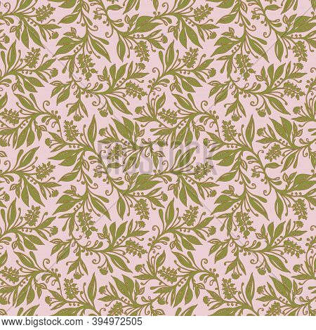 Floral Seamless Pattern With Leaves And Berries In Chartreuse Green, Pink Colors, Hand-drawn And Dig