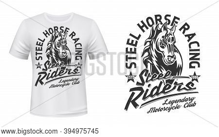 Horse Stallion Head T-shirt Vector Print. Courser Or Trotter, Horse With Waving Mare Illustration An