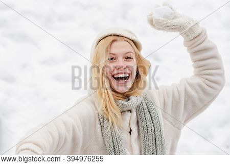 Happy Winter Time. Cute Playful Young Woman Outdoor Enjoying First Snow. Portrait Of A Happy Woman I