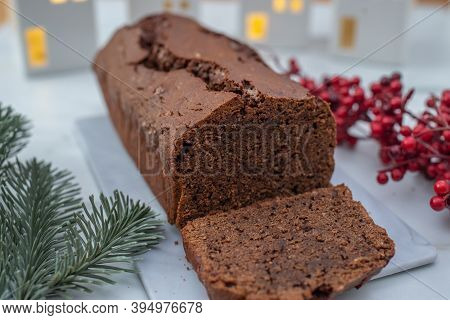 Sweet Chocolate Gingerbread Cake On Festive Background