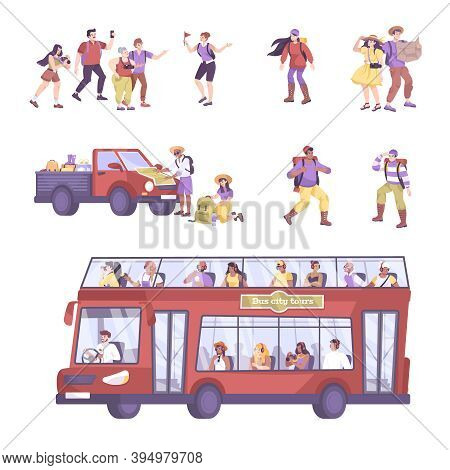 Excursion Set With Isolated Icons And Flat Characters Of Tourists With Guide And Doubledecker Sights