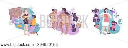 Three Flat Underwear Composition Icon Set With Different Body Shapes And Lingerie Fitting Vector Ill