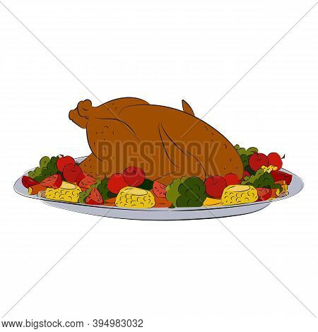 Baked Turkey With Vegetables On The Holiday Table. Happy Thanksgiving.