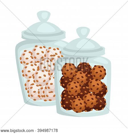 Jars With Cookies Or Candies Of Chocolate Or Glaze Confectionery Products