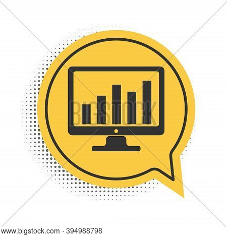 Black Computer Screen With Financial Charts And Graphs Icon Isolated On White Background. Chart Bars