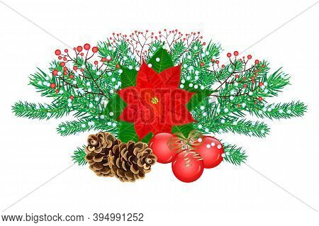Christmas Bouquet Arranged From Red Poinsettia, Fir Branch, Christmas Balls,  And Rowan Berries Isol