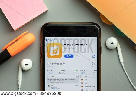 New York, United States - 7 November 2020: Dict.cc Dictionary App Store Logo On Phone Screen, Illust
