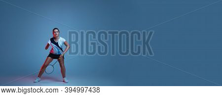 Flyer. Beautiful Handicap Woman Practicing In Badminton Isolated On Blue Background In Neon Light. L