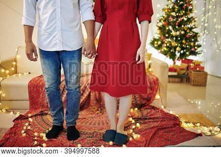 Cropped Image Of Young Couple Holding Hands When Standing In Front Of Sofa In Living Room Decorated 