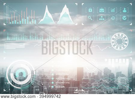 Stock Market Charts On Background Of Financial District Of Megapolis City. Digital Economy And Tradi