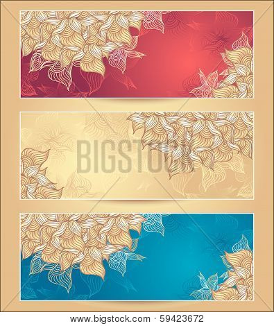 Set Abstract floral banners with flowers shells seaweed