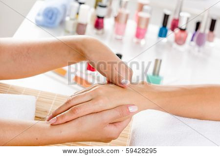 Close up of process of hand massage at beauty salon
