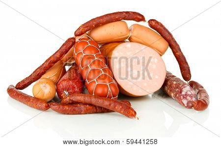 Lot of different sausages isolated on white