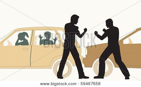 Illustration of two men fighting after a minor road accident