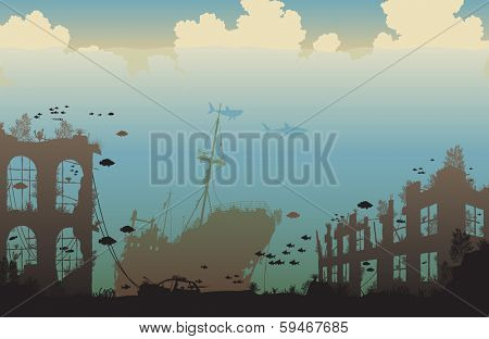 Illustration of marine life on a shipwreck and underwater city ruins