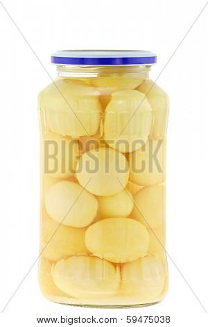A jar of small whole white potatoes in salted water