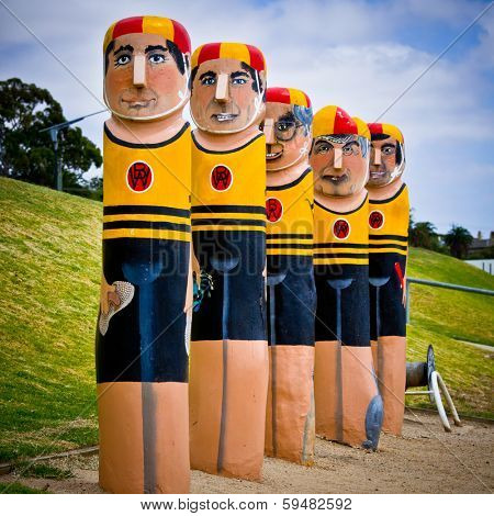 GEELONG - JANUARY 31: Colourful bollards on Geelong's foreshore. More than 100 by artist Jan Mitchell line the waterfront and are an important icon of Geelong - January 31, 2014 in Geelong, Australia