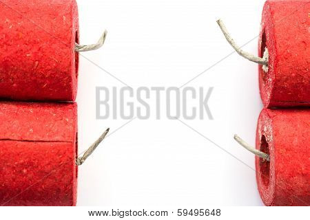 Red Firecrackers On A White Background With Copy Space