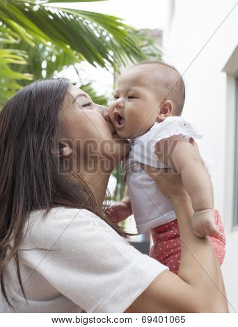 Mother Kissing On Her Baby Cheek Use For Motherhood And Infant In Warm Family