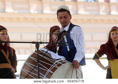 Members of folk group Albanian Culture Society Jahi Hasani from Cegrane, Macedonia during the 48th International Folklore Festival in center of Zagreb,Croatia on July 20,2014