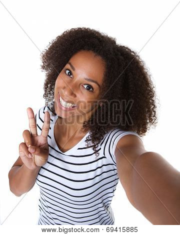 Happy Young Black Woman Making Selfie