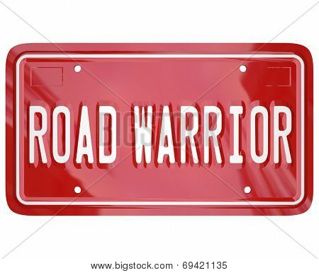Road Warrior words on red license plate for business traveler or salesperson always on the road and away from home