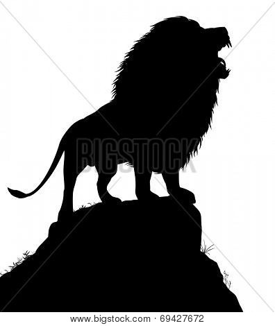 Illustrated silhouette of a roaring male lion standing on a rocky outcrop