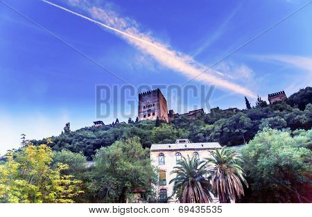 Alhambra Tower Moon From Walking Street Albaicin Granada Andalusia Spain
