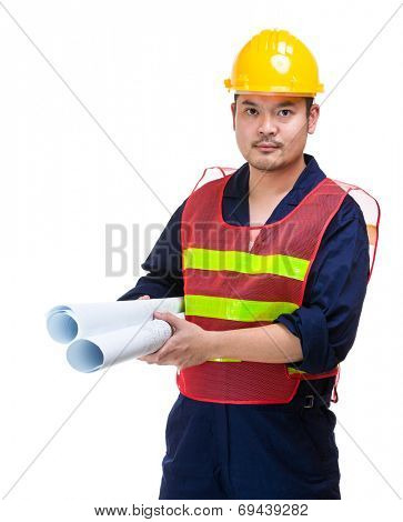 Middle age engineer with layout drawing