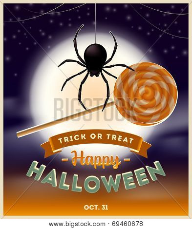 Halloween vector illustration - spider with lollipop candy and type design against a full moon night background