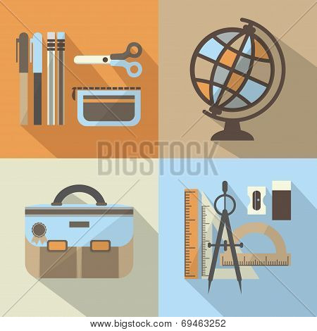 School stuff icons set with long shadow- Modern background colors in flat design